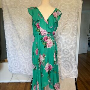 Floral Green Faux Wrap Dress
